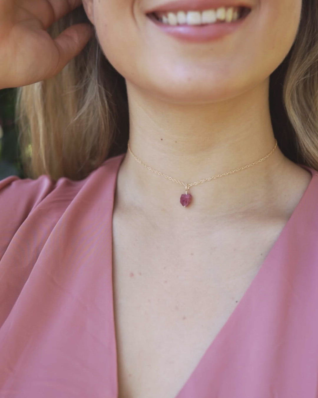 Tiny Rough Pink Tourmaline Gemstone Pendant Choker