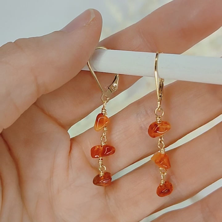 Carnelian Crystal Beaded Chain Dangle Leverback Earrings