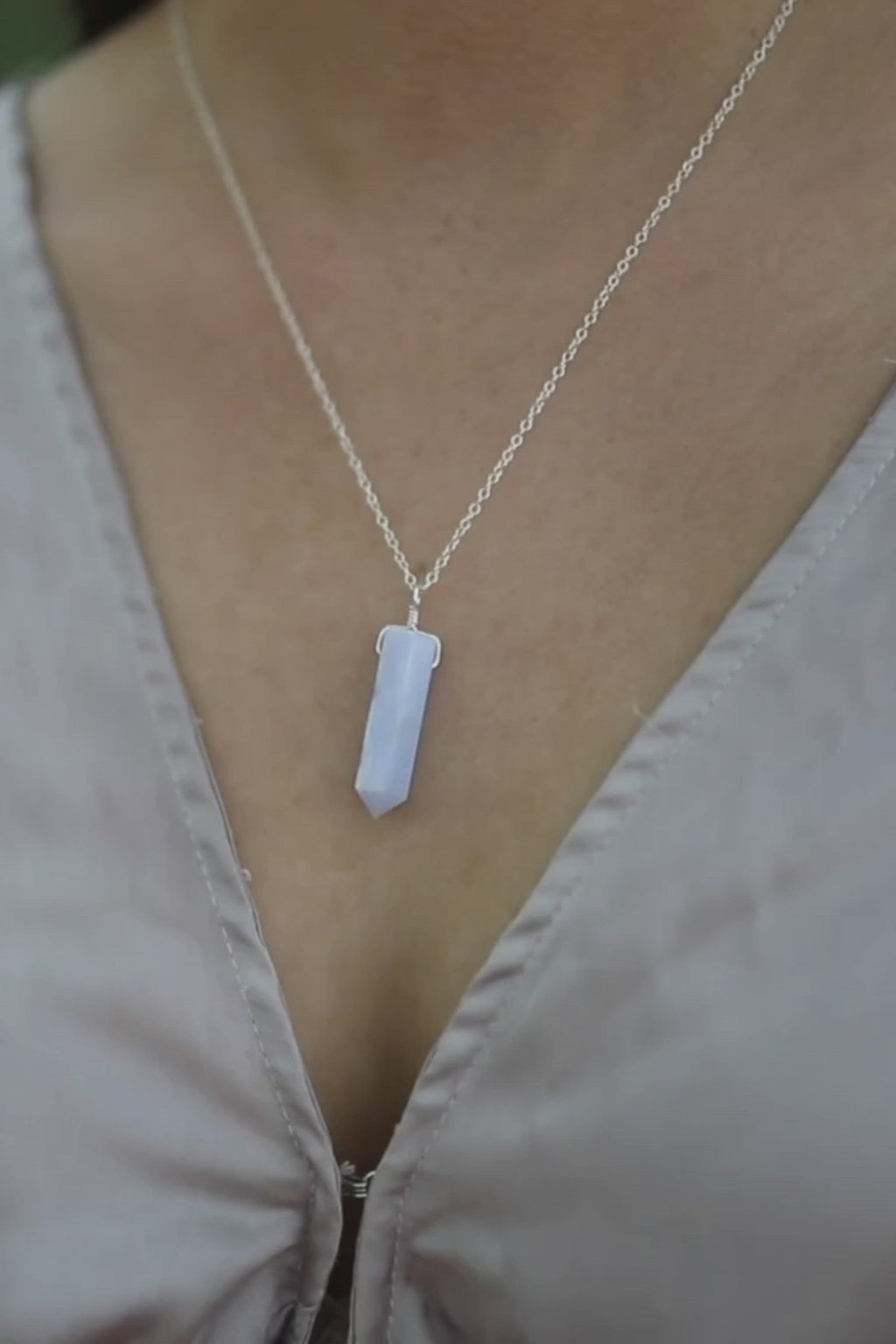 Blue Lace Agate Crystal Generator Point Pendant Necklace