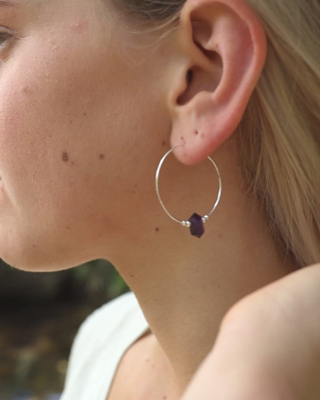 Large Hoop Amethyst Double Terminated Crystal Point Earrings