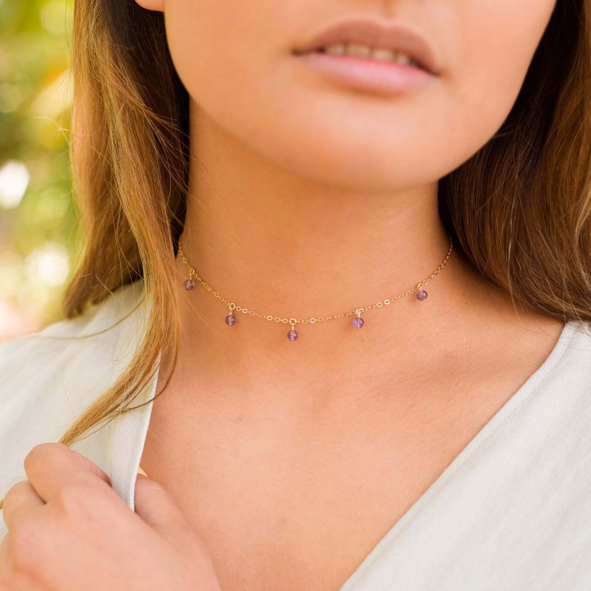 Amethyst Bead Drop Choker - Amethyst Bead Drop Choker - 14k Gold Fill - Luna Tide Handmade Crystal Jewellery