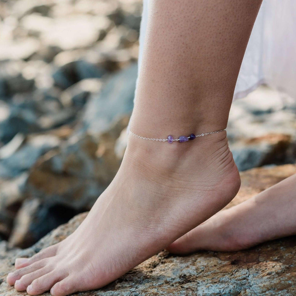 Amethyst Beaded Chain Anklet - Amethyst Beaded Chain Anklet - 14k Gold Fill - Luna Tide Handmade Crystal Jewellery