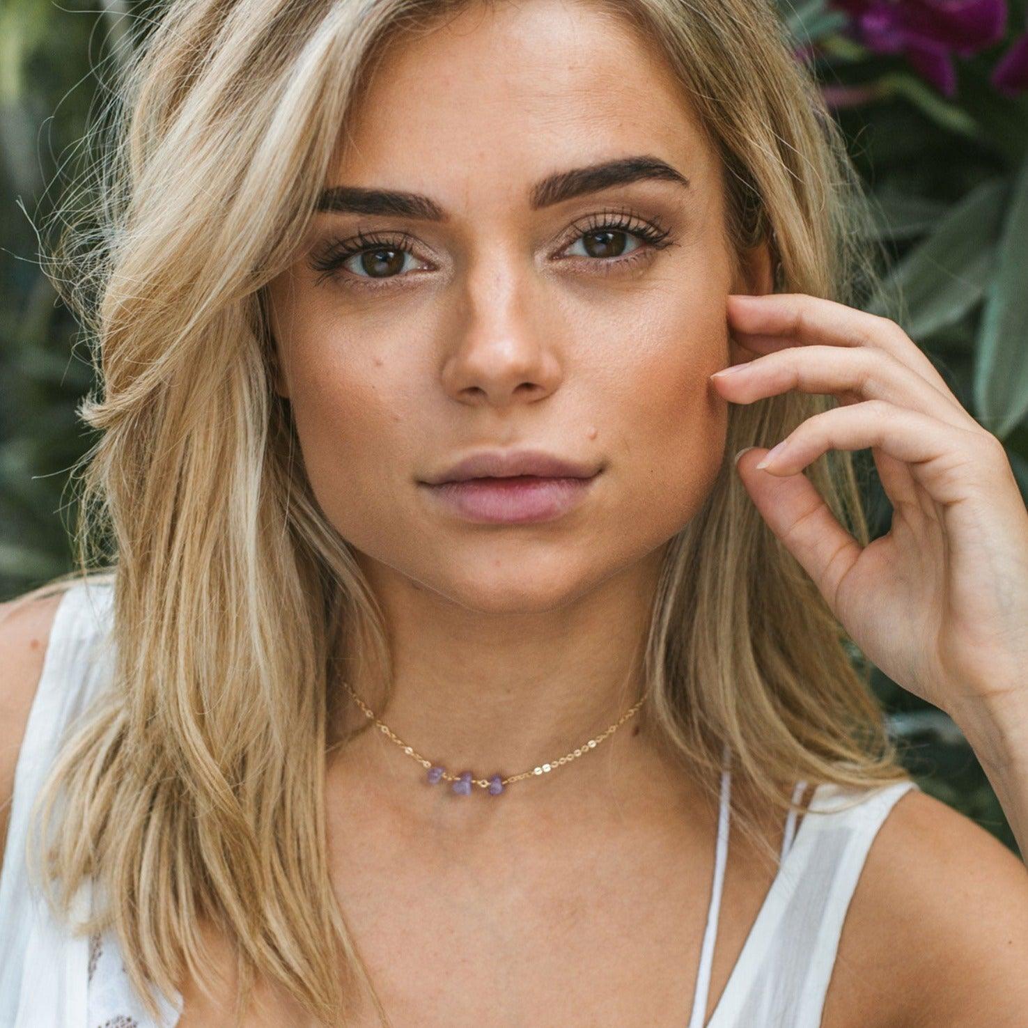 Amethyst Beaded Chain Choker Necklace - Amethyst Beaded Chain Choker Necklace - Sterling Silver - Luna Tide Handmade Crystal Jewellery