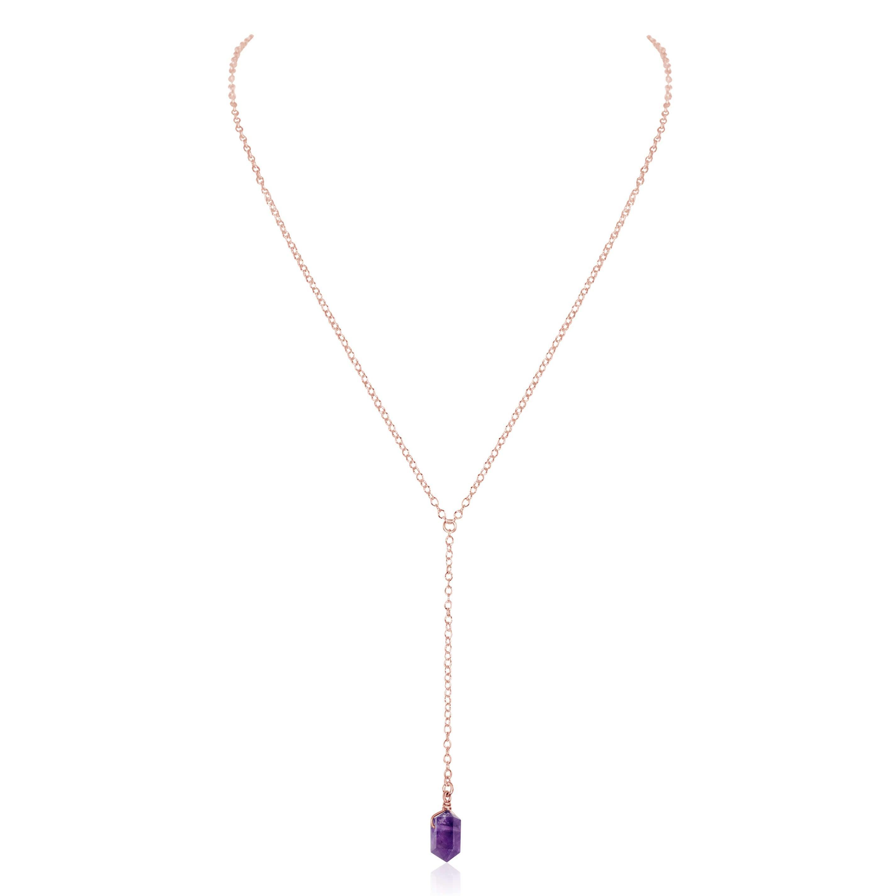 Amethyst Double Terminated Mini Crystal Point Lariat Necklace - Amethyst Double Terminated Mini Crystal Point Lariat Necklace - 14k Rose Gold Fill - Luna Tide Handmade Crystal Jewellery