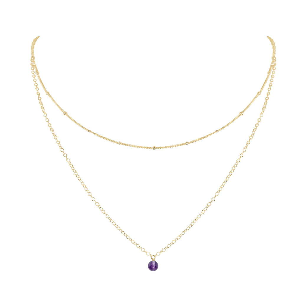 Amethyst Gemstone Chain Layered Choker Necklace - Amethyst Gemstone Chain Layered Choker Necklace - 14k Gold Fill - Luna Tide Handmade Crystal Jewellery