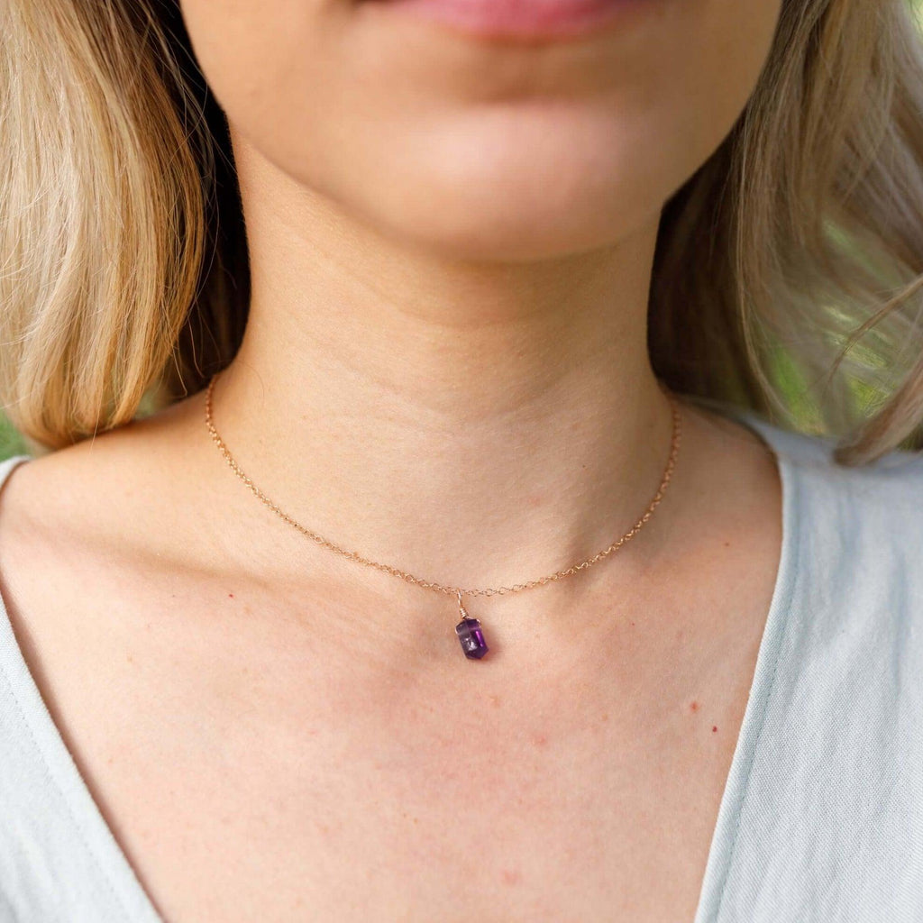 Amethyst Mini Double Terminated Crystal Point Pendant Choker Necklace - Amethyst Mini Double Terminated Crystal Point Pendant Choker Necklace - 14k Gold Fill / Cable - Luna Tide Handmade Crystal Jewellery