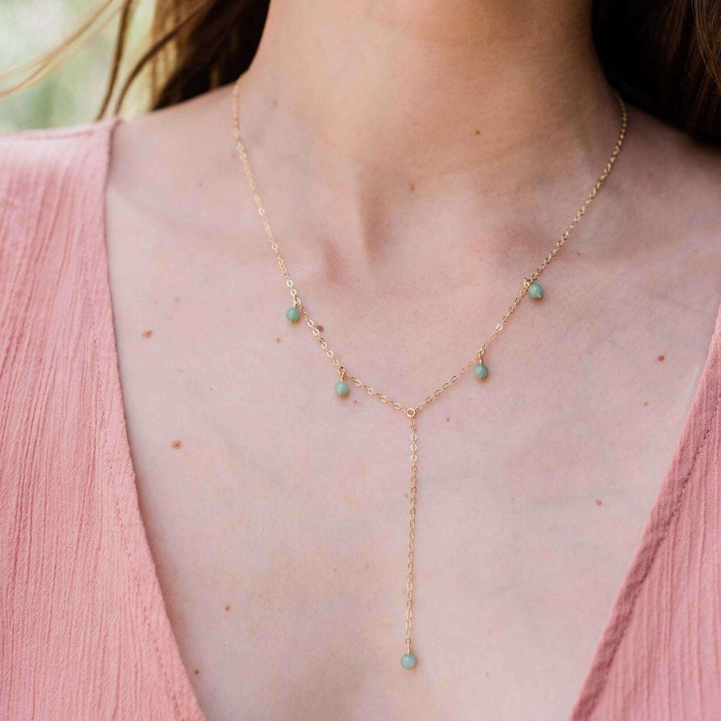 Aventurine Boho Lariat Necklace - Aventurine Boho Lariat Necklace - 14k Gold Fill - Luna Tide Handmade Crystal Jewellery