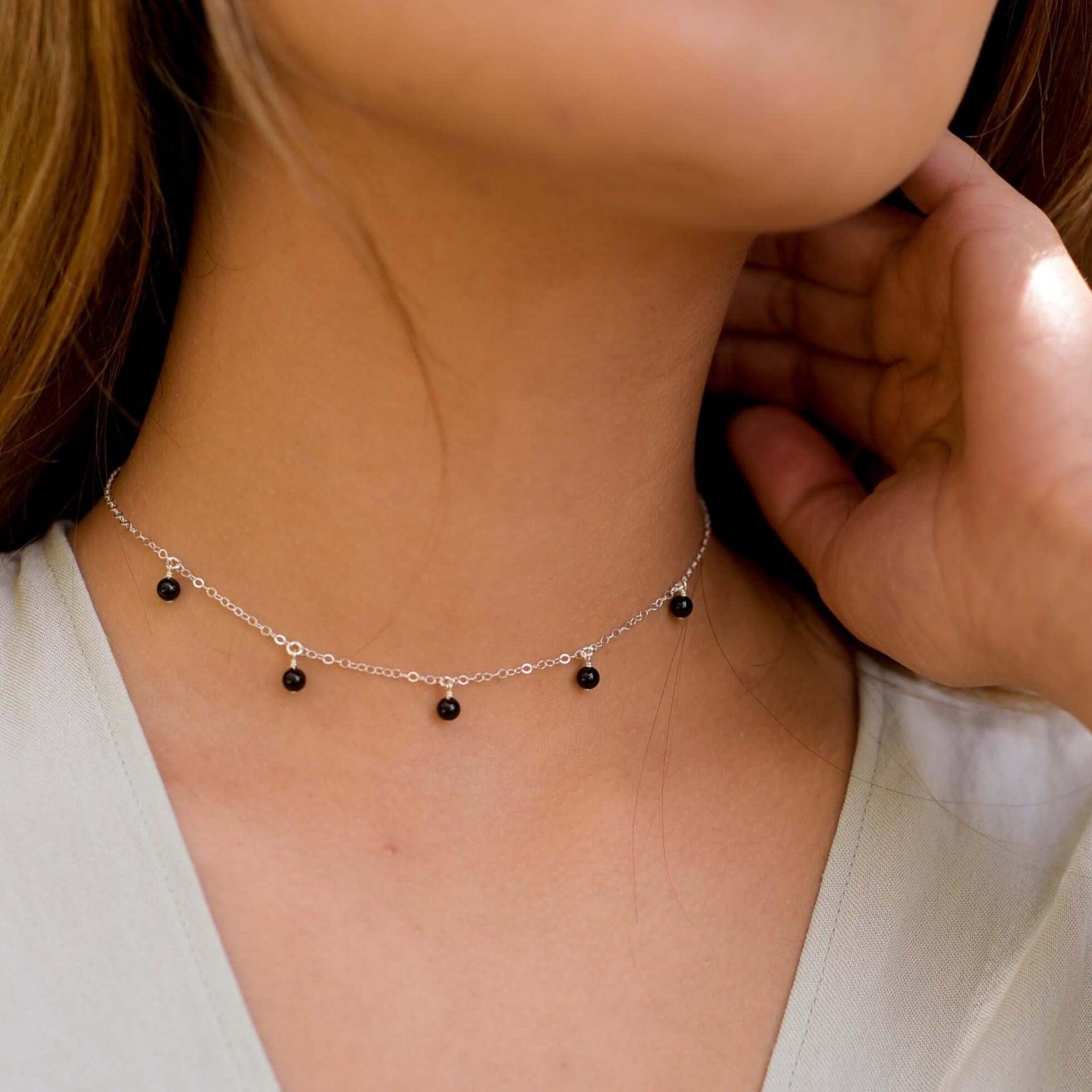 Black Onyx Bead Drop Choker - Black Onyx Bead Drop Choker - 14k Gold Fill - Luna Tide Handmade Crystal Jewellery