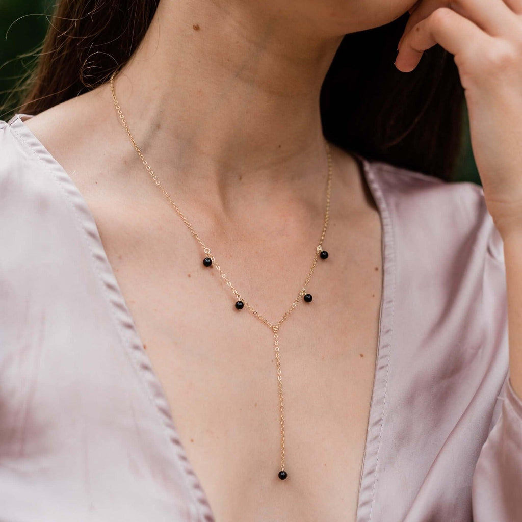 Black Onyx Boho Lariat Necklace - Black Onyx Boho Lariat Necklace - 14k Gold Fill - Luna Tide Handmade Crystal Jewellery