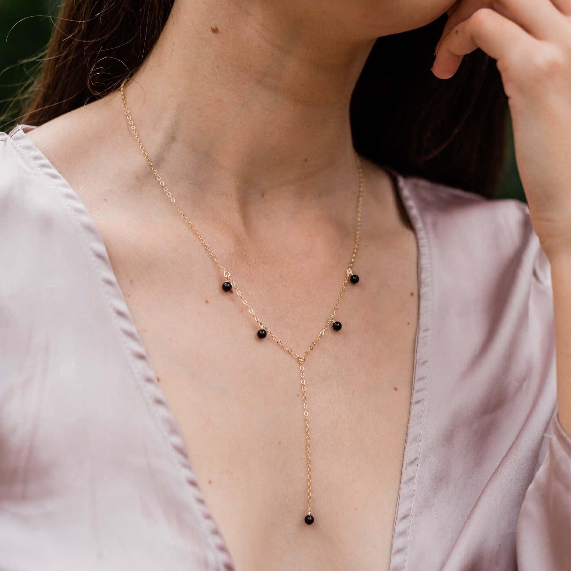 Black Onyx Boho Lariat Necklace - Black Onyx Boho Lariat Necklace - 14k Gold Fill - Luna Tide Handmade Crystal Jewellery