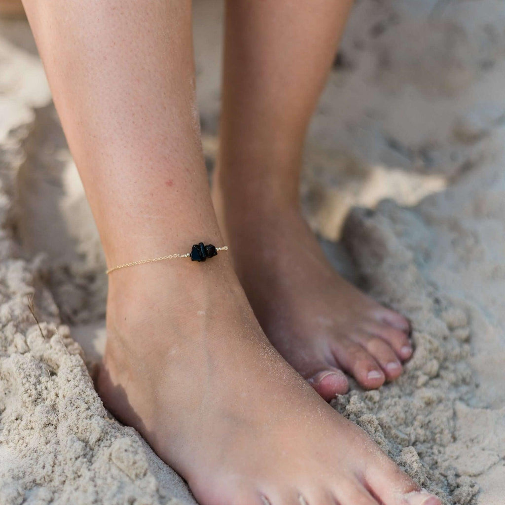 Black onyx Chip Bead Bar Anklet - Black onyx Chip Bead Bar Anklet - Sterling Silver - Luna Tide Handmade Crystal Jewellery