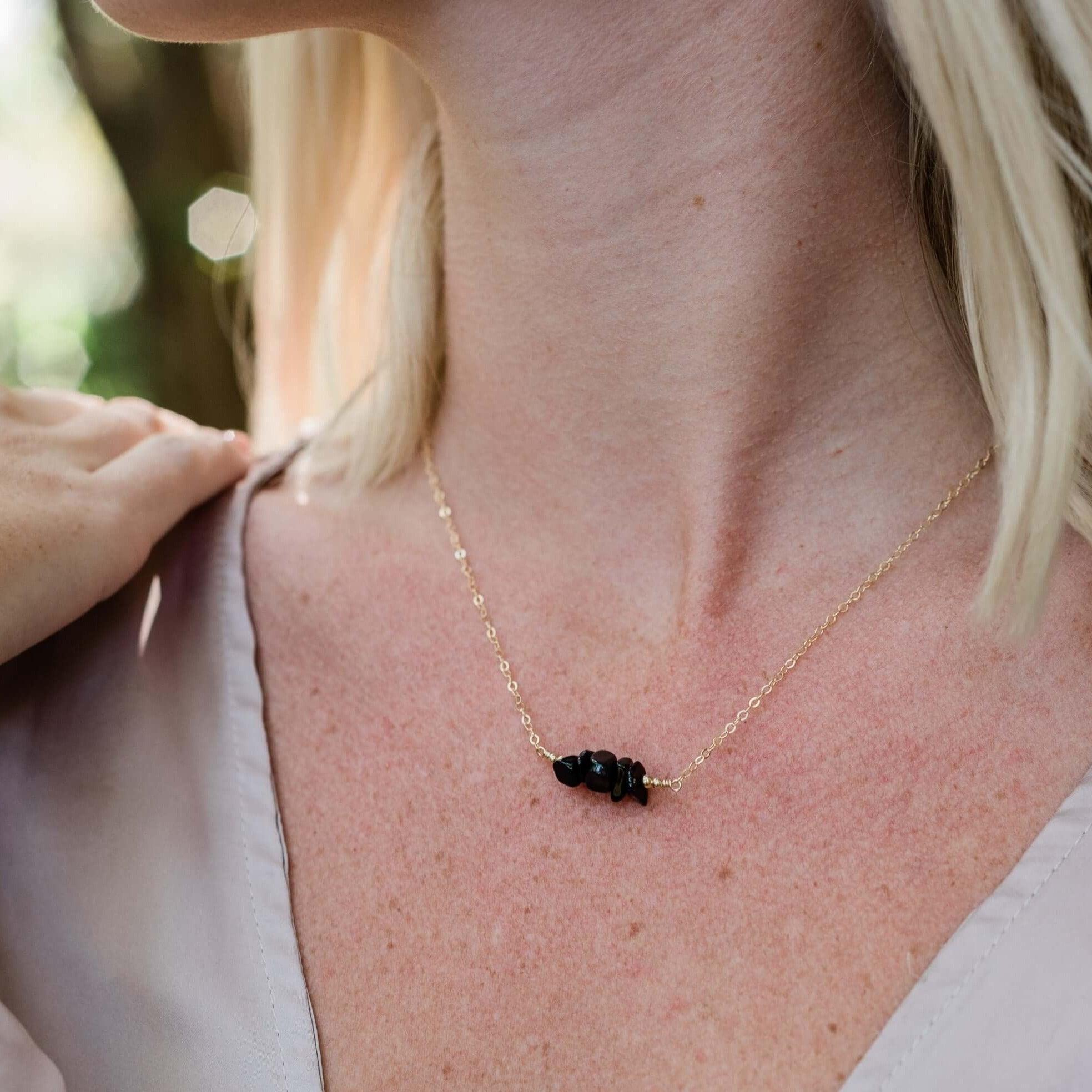 Black Onyx Chip Bead Bar Necklace - Black Onyx Chip Bead Bar Necklace - Sterling Silver - Luna Tide Handmade Crystal Jewellery