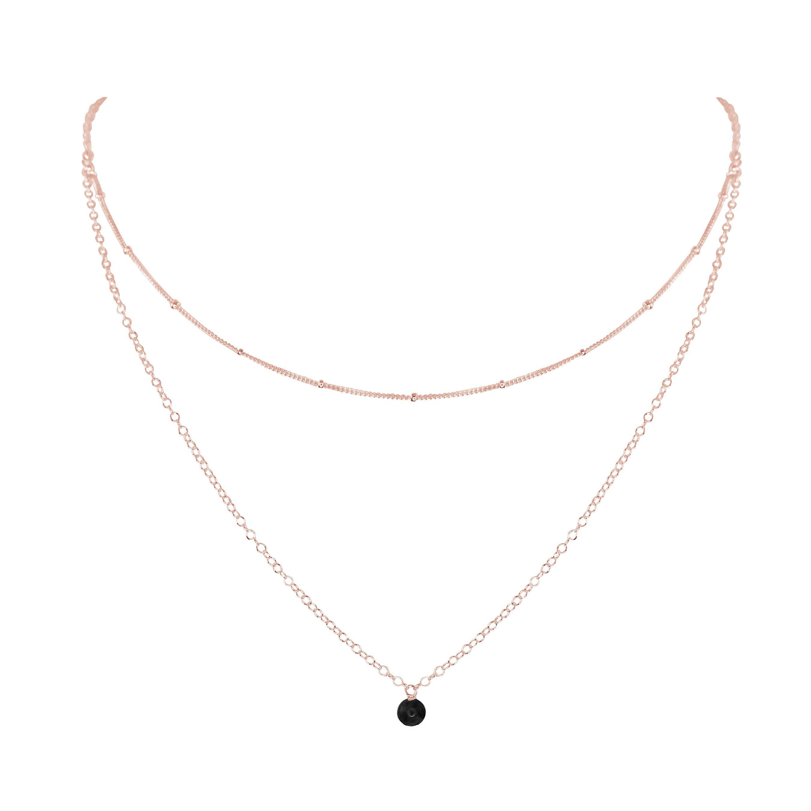 Black Onyx Gemstone Chain Layered Choker Necklace - Black Onyx Gemstone Chain Layered Choker Necklace - 14k Rose Gold Fill - Luna Tide Handmade Crystal Jewellery