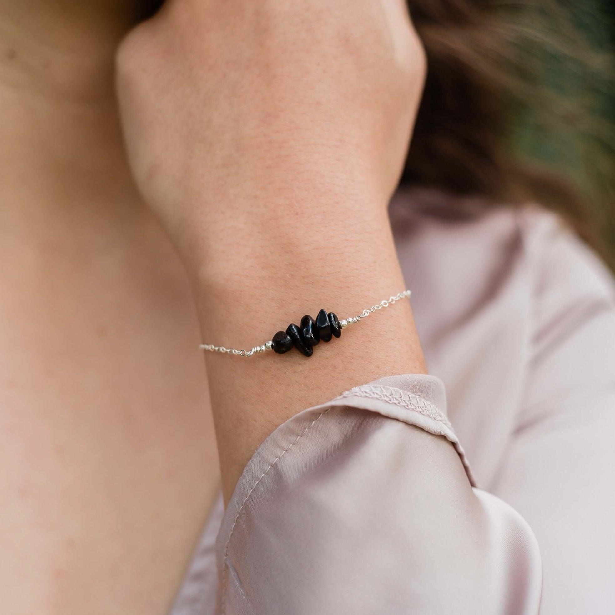 Black Tourmaline Chip Bead Bar Bracelet - Black Tourmaline Chip Bead Bar Bracelet - Sterling Silver - Luna Tide Handmade Crystal Jewellery