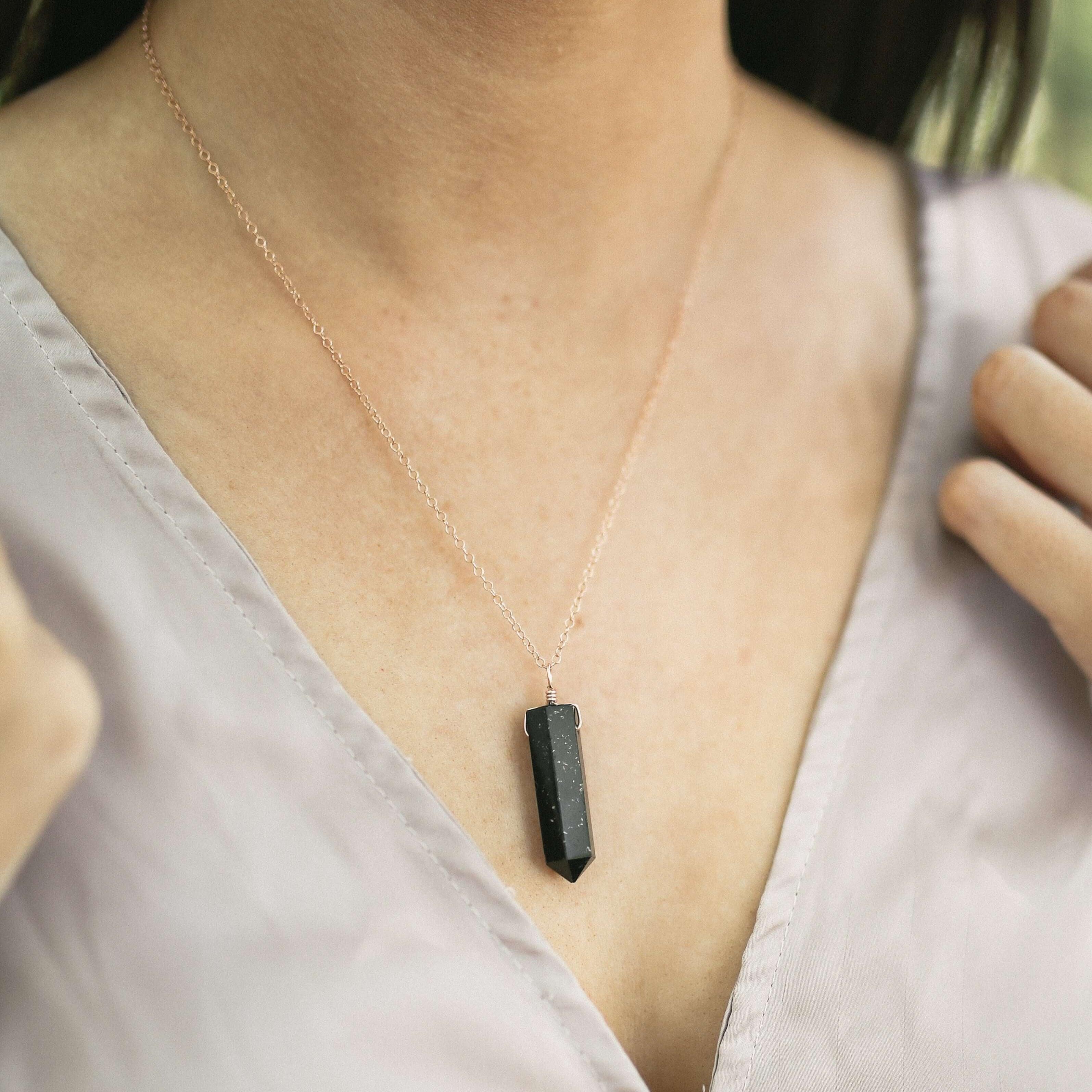 Black Tourmaline Crystal Generator Point Pendant Necklace - Black Tourmaline Crystal Generator Point Pendant Necklace - 14k Rose Gold Fill / Cable - Luna Tide Handmade Crystal Jewellery