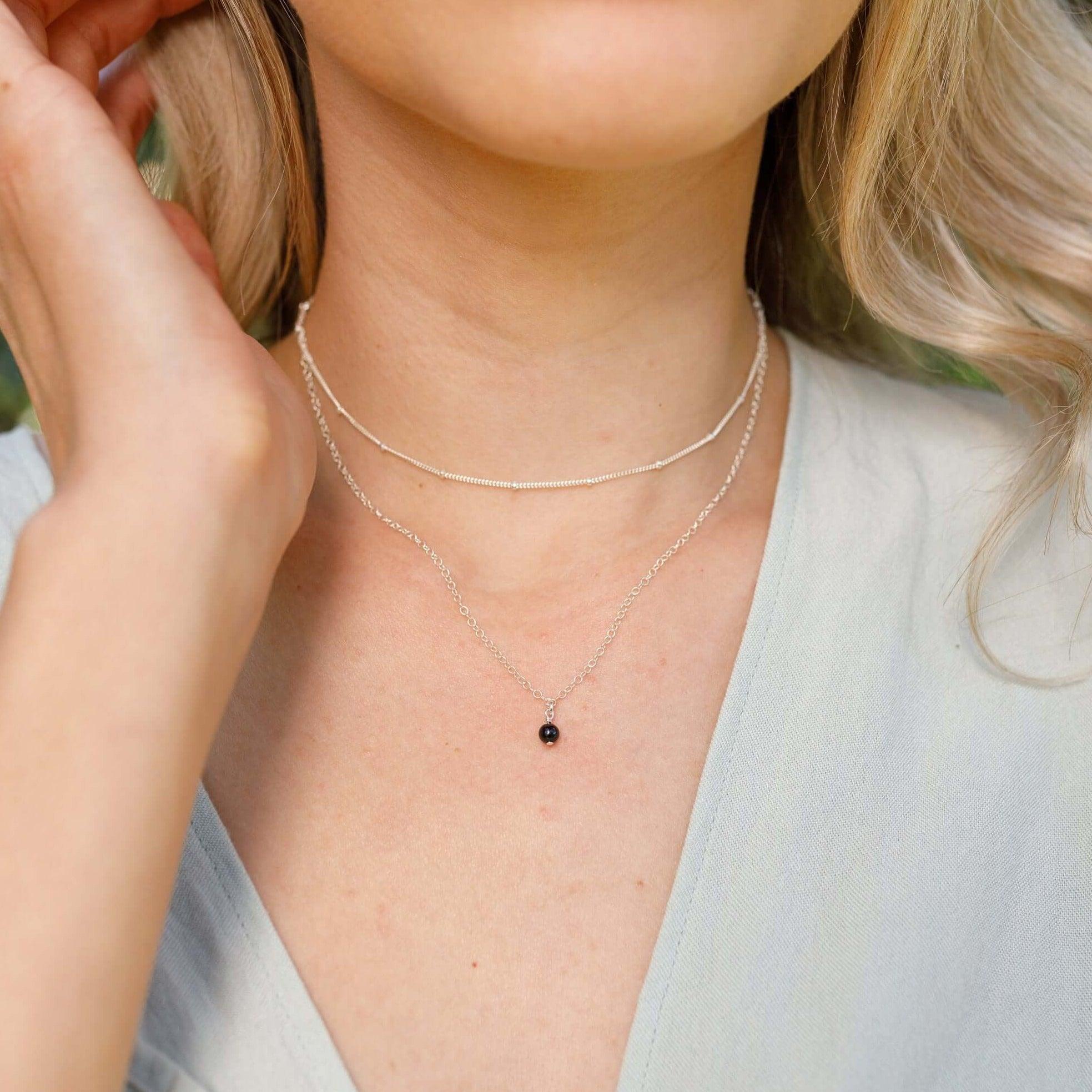 Black Tourmaline Gemstone Chain Layered Choker Necklace - Black Tourmaline Gemstone Chain Layered Choker Necklace - Sterling Silver - Luna Tide Handmade Crystal Jewellery