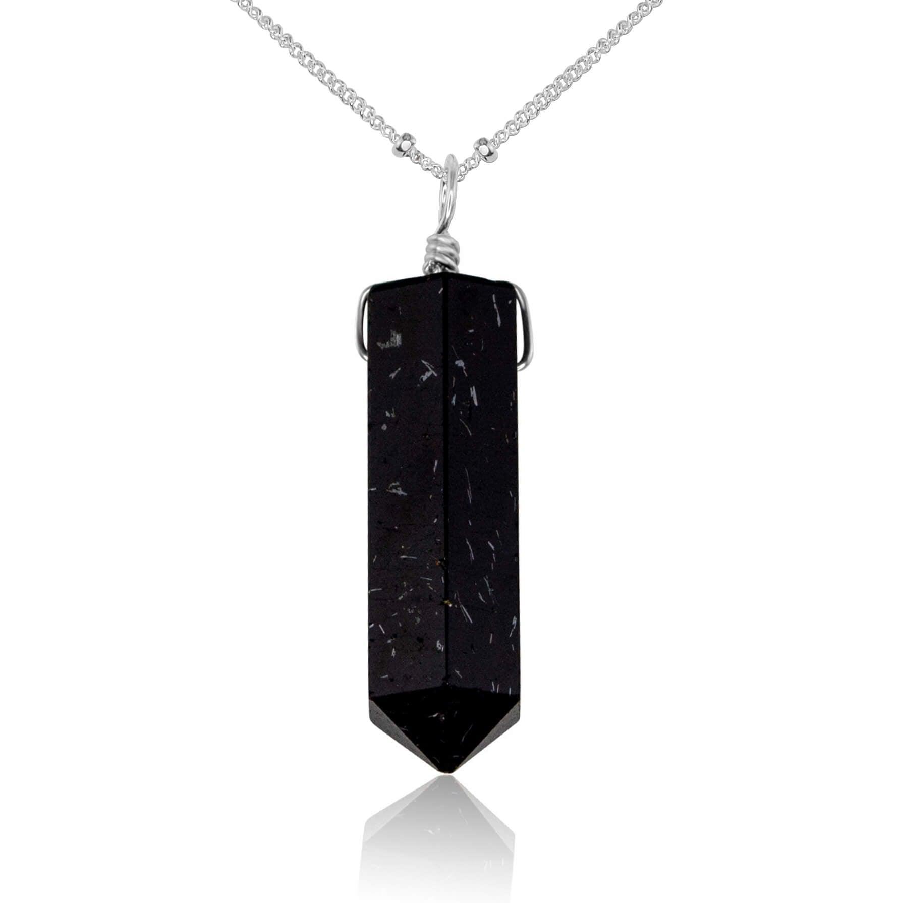 Black Tourmaline Gemstone Generator Tower Point Pendant Necklace - Black Tourmaline Gemstone Generator Tower Point Pendant Necklace - Sterling Silver / Satellite - Luna Tide Handmade Crystal Jewellery