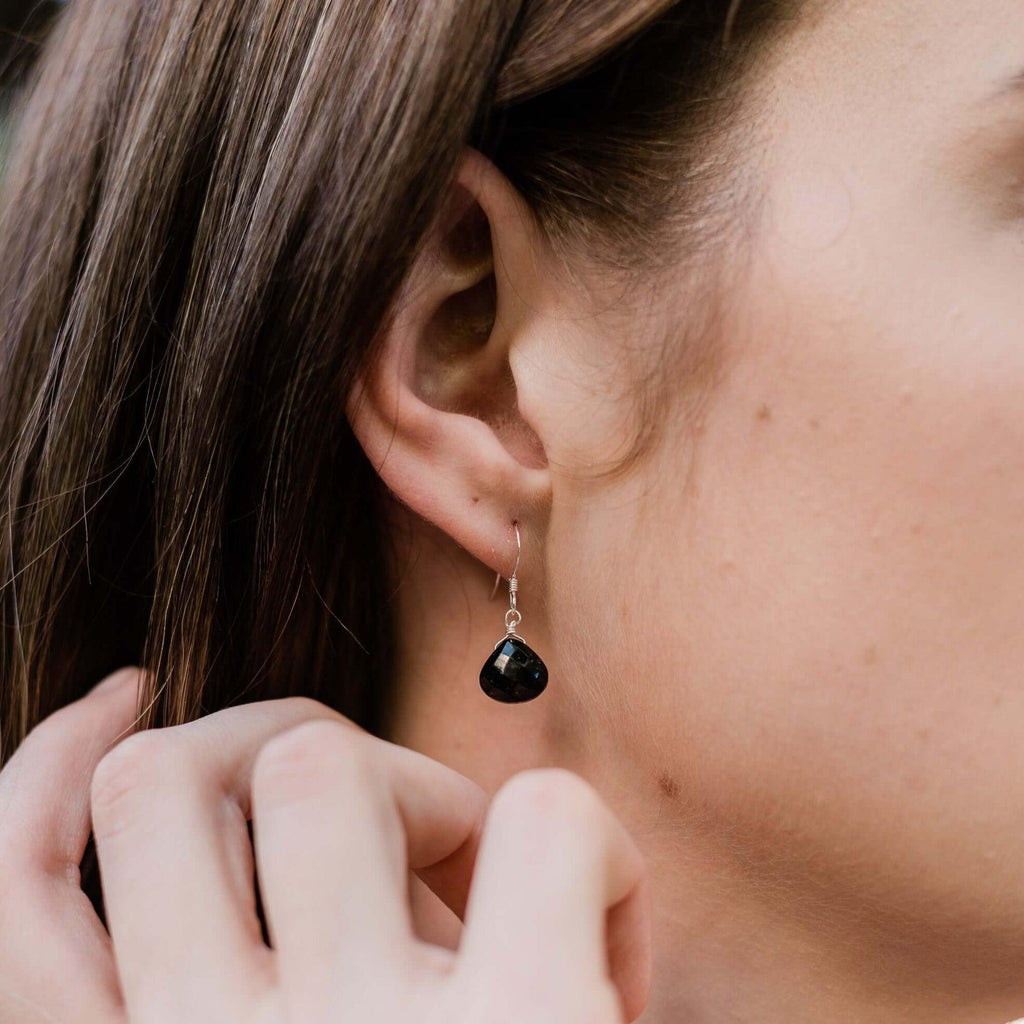 Black Tourmaline Gemstone Teardrop Dangle Earrings - Black Tourmaline Gemstone Teardrop Dangle Earrings - Sterling Silver - Luna Tide Handmade Crystal Jewellery