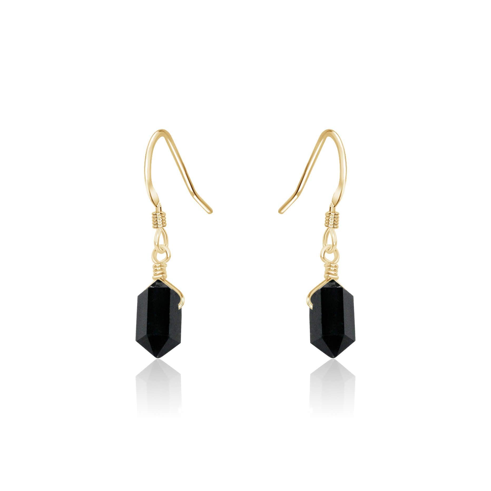 Black Tourmaline Mini Double Terminated Crystal Point Dangle Drop Earrings - Black Tourmaline Mini Double Terminated Crystal Point Dangle Drop Earrings - 14k Gold Fill - Luna Tide Handmade Crystal Jewellery