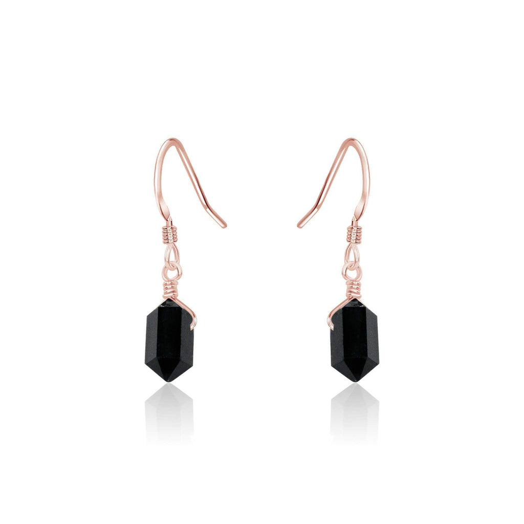 Black Tourmaline Mini Double Terminated Crystal Point Dangle Drop Earrings - Black Tourmaline Mini Double Terminated Crystal Point Dangle Drop Earrings - 14k Rose Gold Fill - Luna Tide Handmade Crystal Jewellery