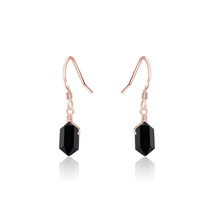 Black Tourmaline Mini Double Terminated Crystal Point Dangle Drop Earrings - Black Tourmaline Mini Double Terminated Crystal Point Dangle Drop Earrings - 14k Rose Gold Fill - Luna Tide Handmade Crystal Jewellery