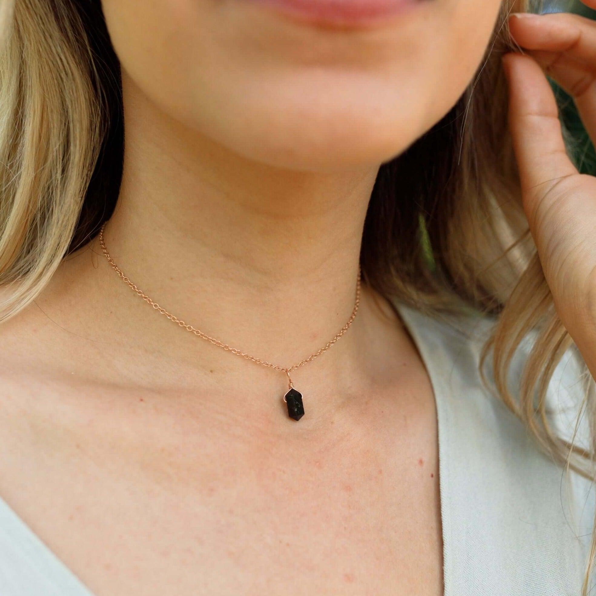Black Tourmaline Mini Double Terminated Crystal Point Pendant Choker Necklace - Black Tourmaline Mini Double Terminated Crystal Point Pendant Choker Necklace - 14k Gold Fill / Cable - Luna Tide Handmade Crystal Jewellery