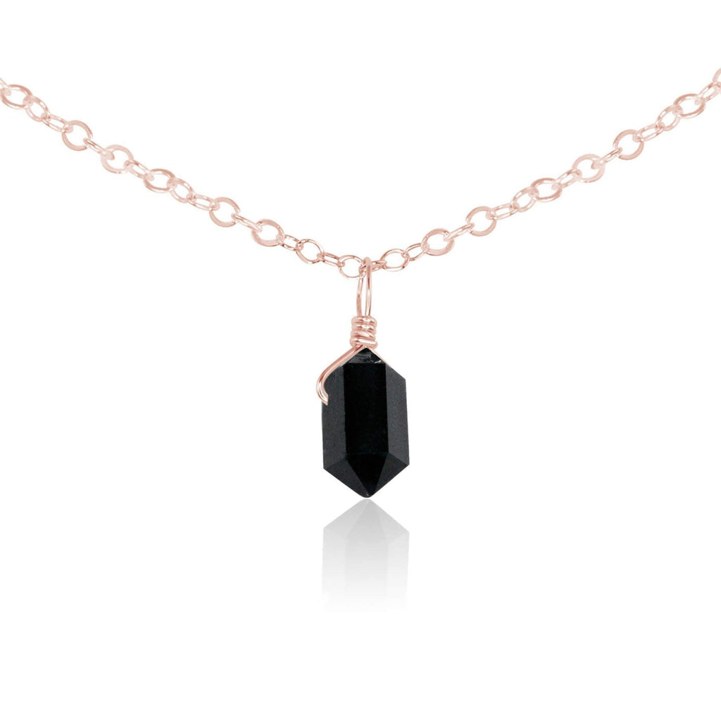 Black Tourmaline Mini Double Terminated Crystal Point Pendant Choker Necklace - Black Tourmaline Mini Double Terminated Crystal Point Pendant Choker Necklace - 14k Rose Gold Fill / Cable - Luna Tide Handmade Crystal Jewellery