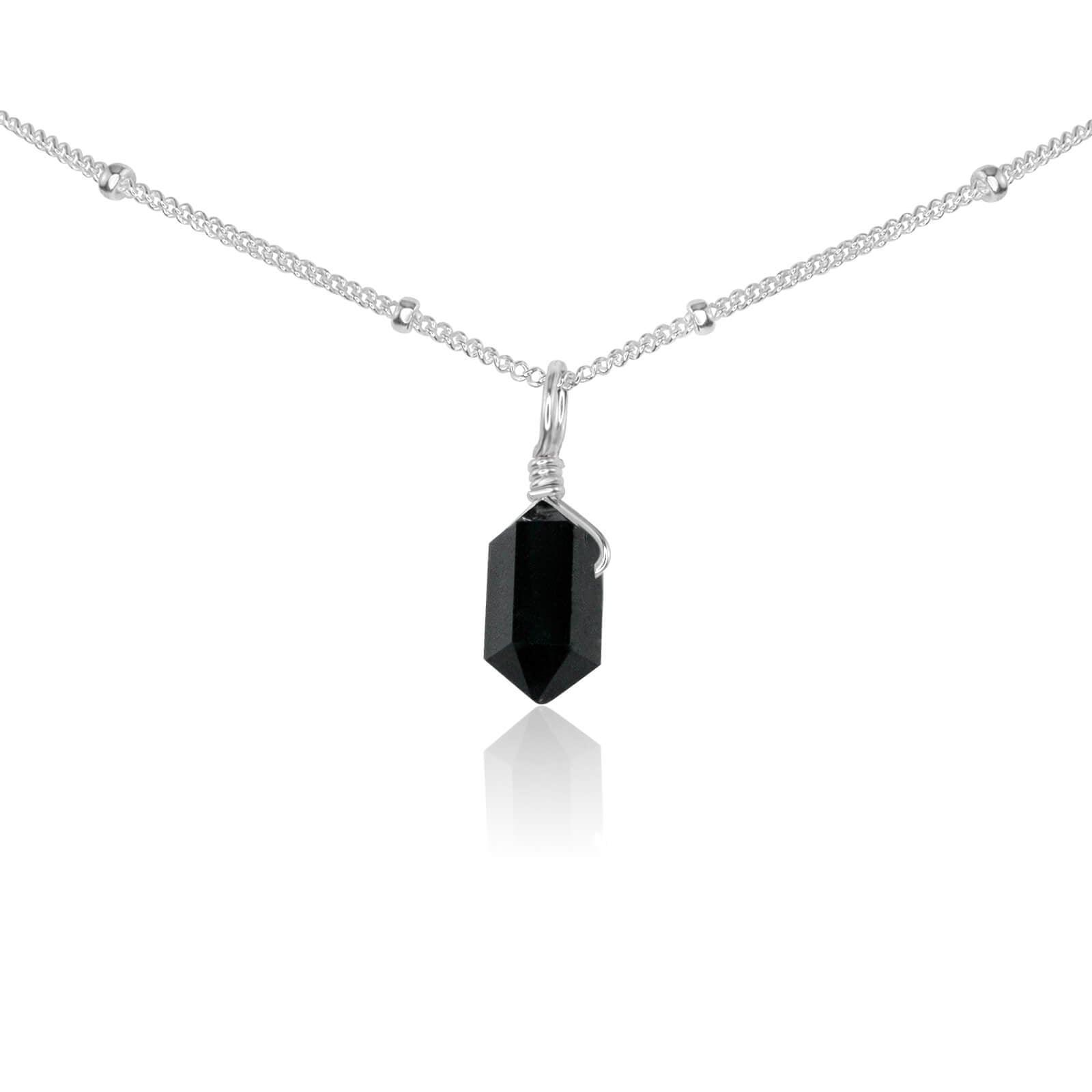 Black Tourmaline Mini Double Terminated Crystal Point Pendant Choker Necklace - Black Tourmaline Mini Double Terminated Crystal Point Pendant Choker Necklace - Sterling Silver / Satellite - Luna Tide Handmade Crystal Jewellery