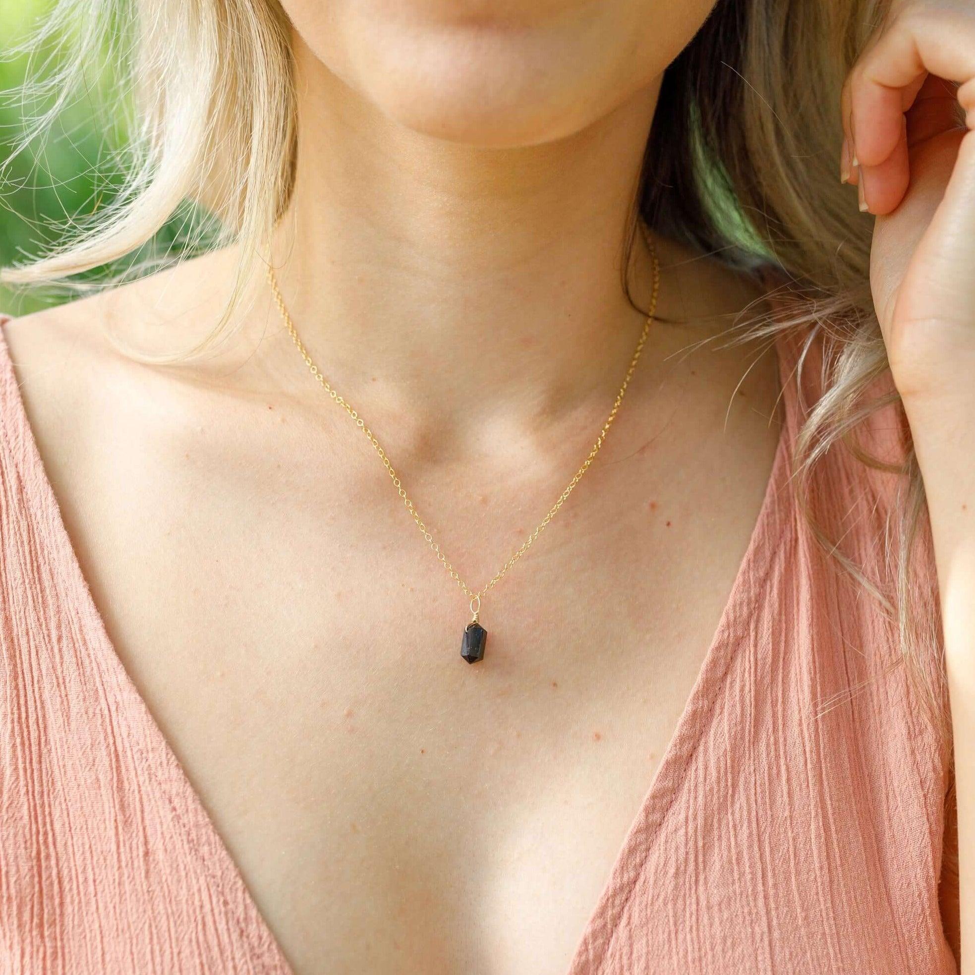 Black Tourmaline Mini Double Terminated Crystal Point Pendant Necklace - Black Tourmaline Mini Double Terminated Crystal Point Pendant Necklace - Sterling Silver / Cable - Luna Tide Handmade Crystal Jewellery