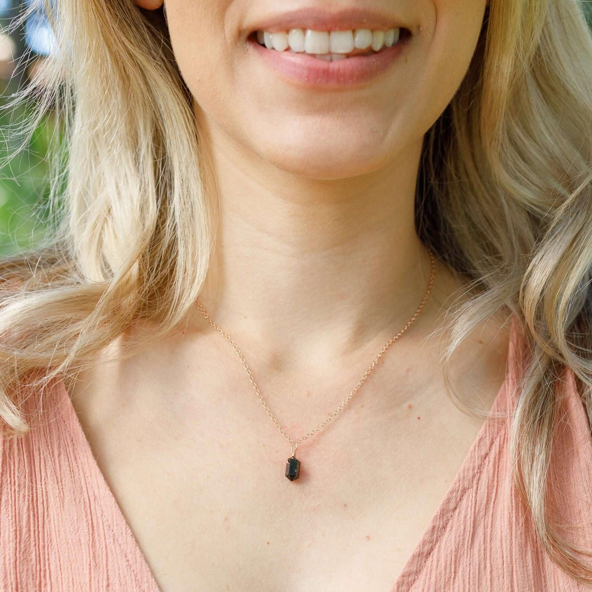 Black Tourmaline Mini Double Terminated Crystal Point Pendant Necklace - Black Tourmaline Mini Double Terminated Crystal Point Pendant Necklace - Sterling Silver / Cable - Luna Tide Handmade Crystal Jewellery