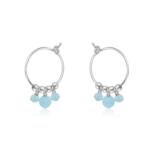 Blue Aquamarine Gemstone Bead Drop Hoop Earrings - Blue Aquamarine Gemstone Bead Drop Hoop Earrings - Sterling Silver - Luna Tide Handmade Crystal Jewellery