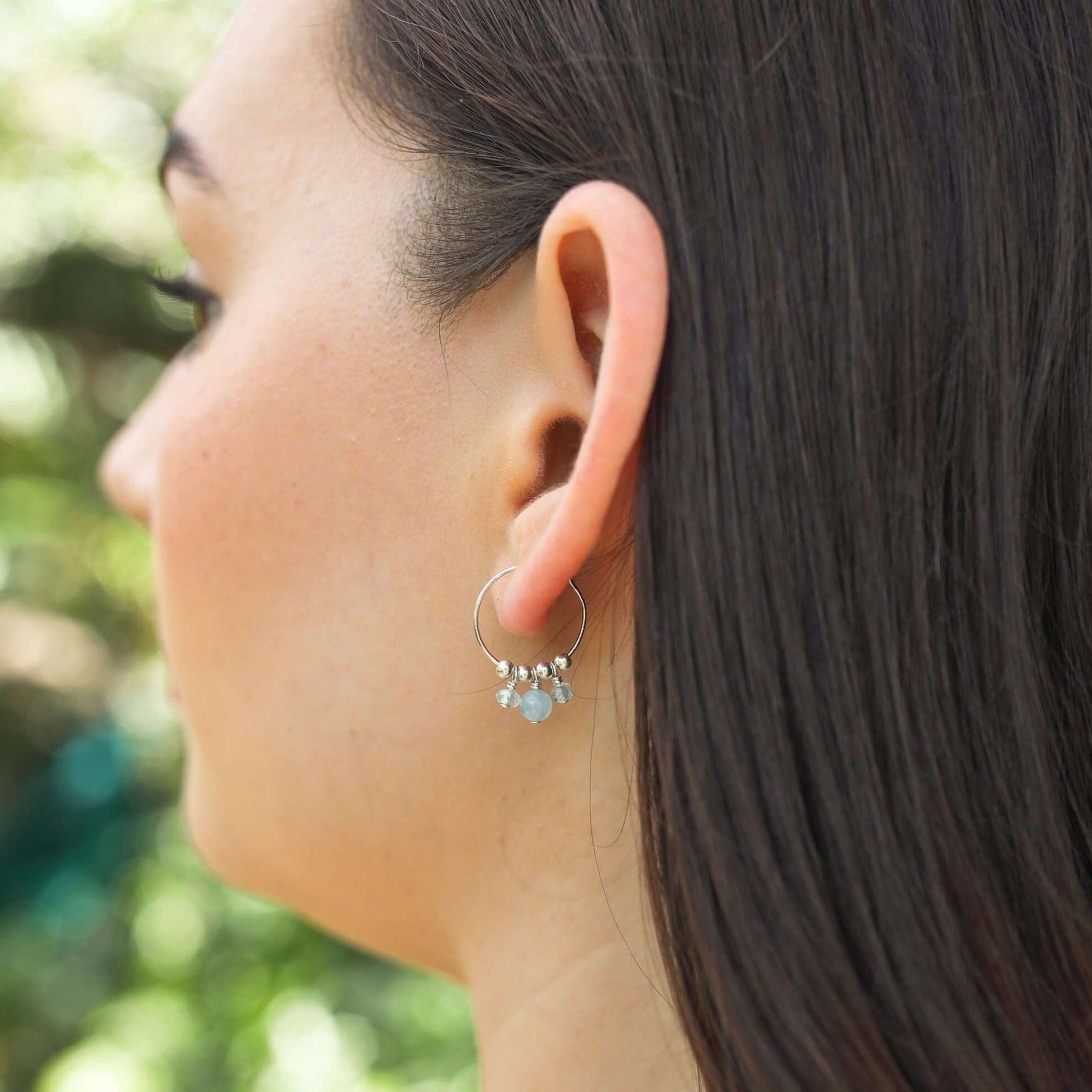 Blue Aquamarine Gemstone Bead Drop Hoop Earrings - Blue Aquamarine Gemstone Bead Drop Hoop Earrings - Sterling Silver - Luna Tide Handmade Crystal Jewellery