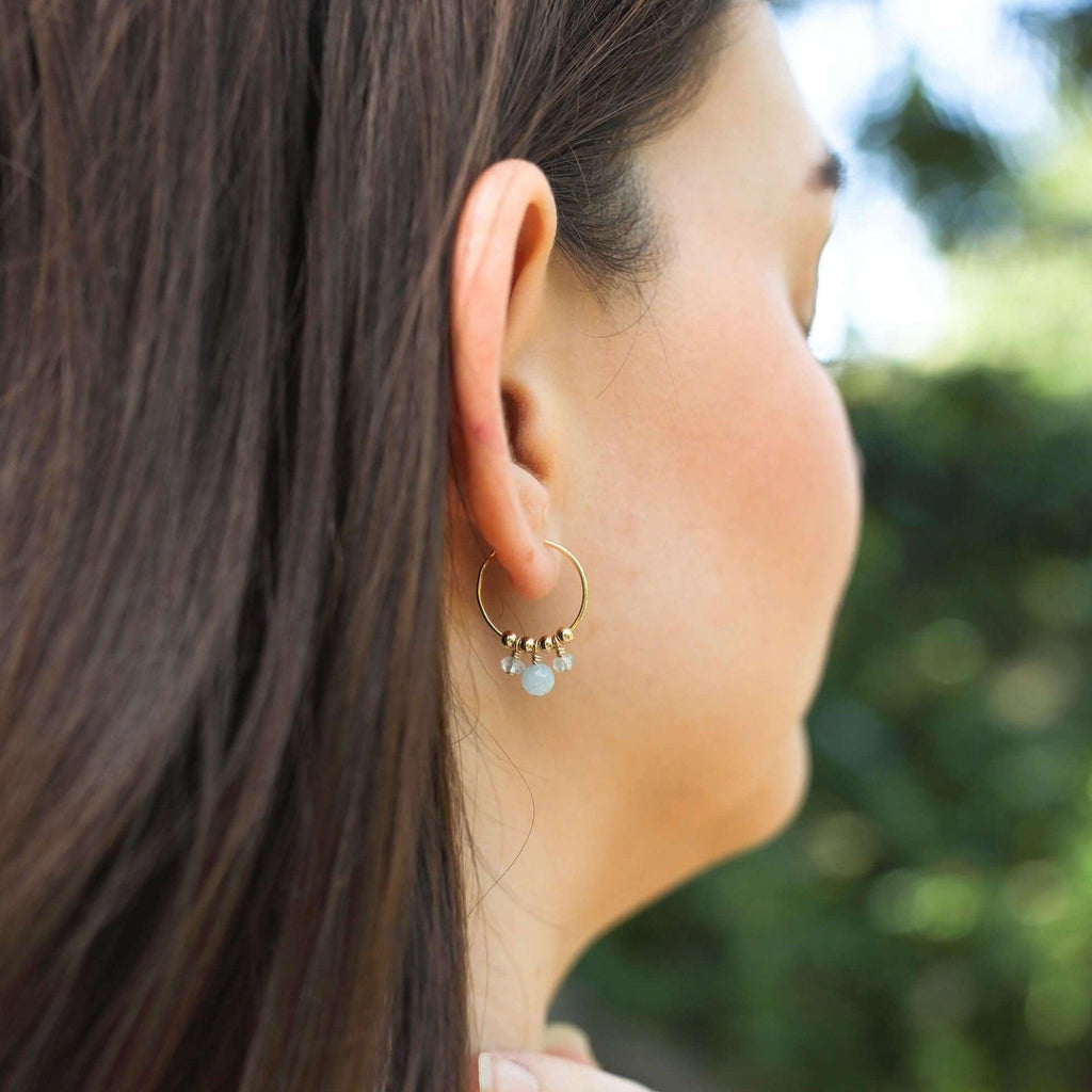 Blue Aquamarine Gemstone Bead Drop Hoop Earrings - Blue Aquamarine Gemstone Bead Drop Hoop Earrings - Sterling Silver - Luna Tide Handmade Crystal Jewellery