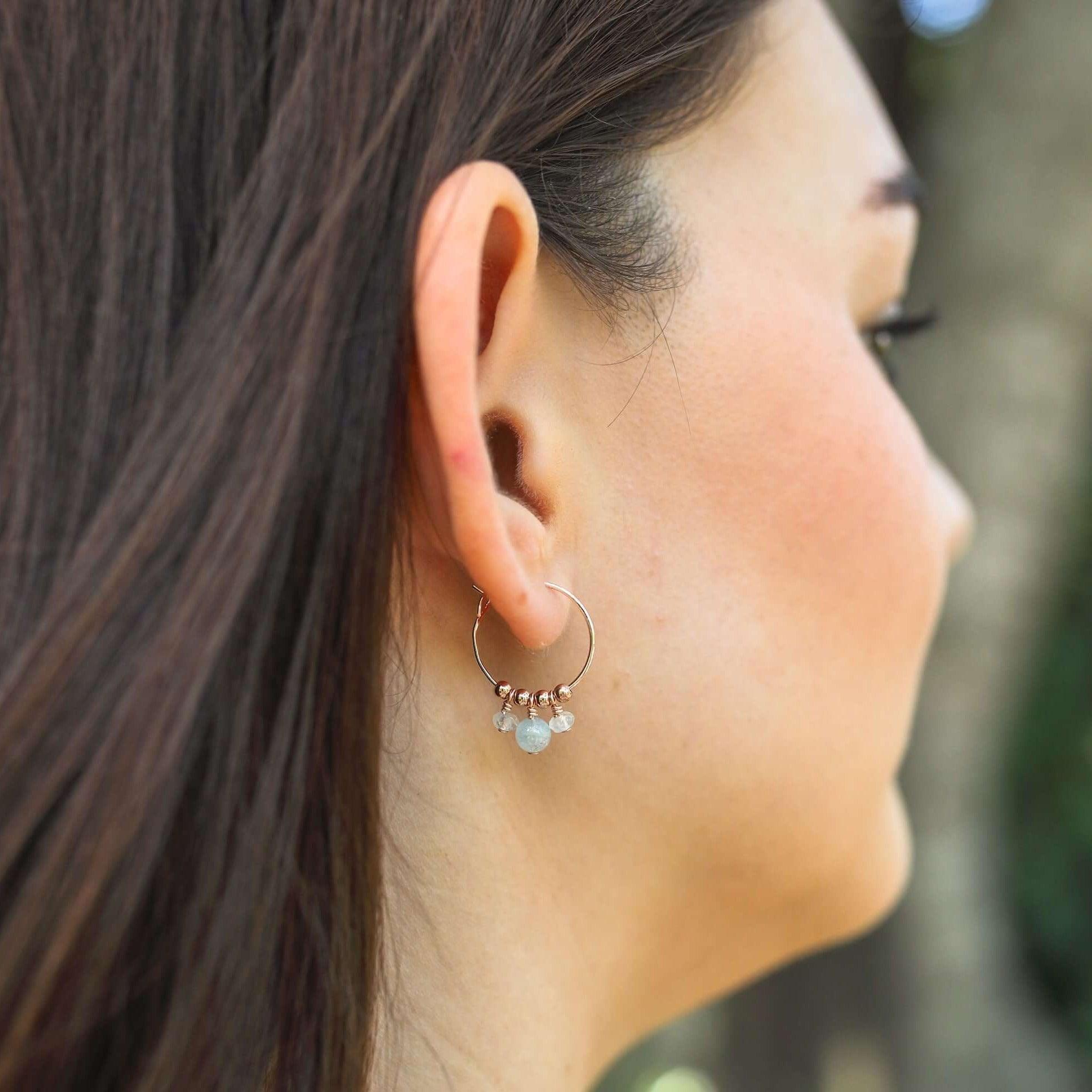 Blue Aquamarine Gemstone Bead Drop Hoop Earrings - Blue Aquamarine Gemstone Bead Drop Hoop Earrings - Sterling Silver - Luna Tide Handmade Crystal Jewellery