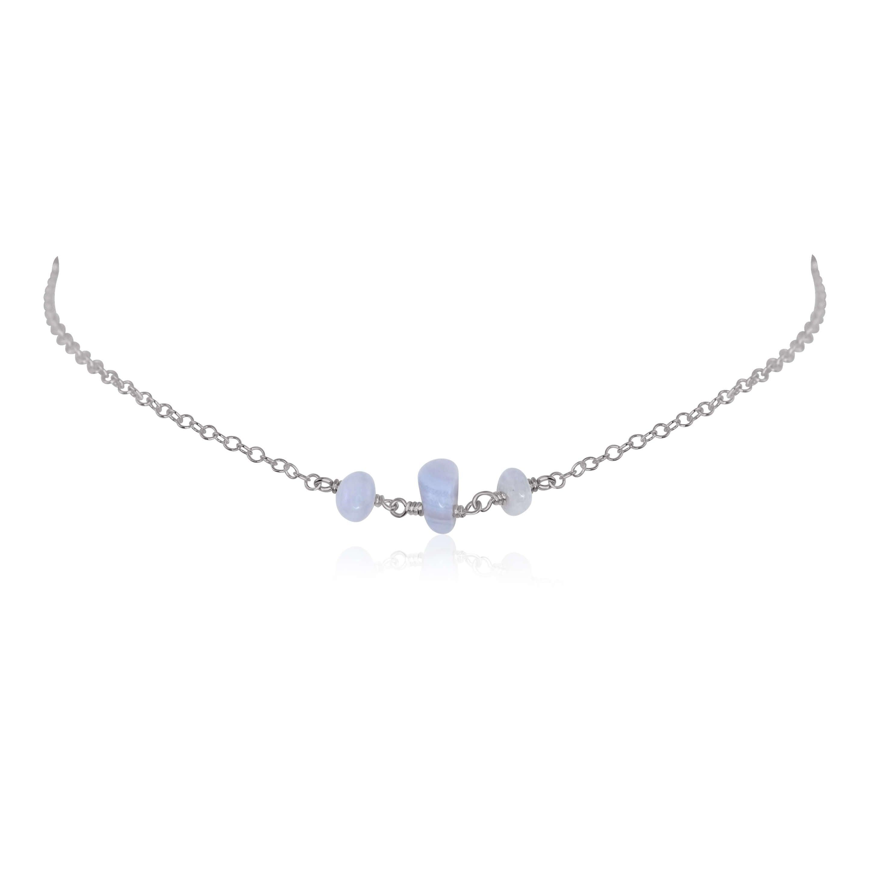 Blue Lace Agate Beaded Chain Choker Necklace - Blue Lace Agate Beaded Chain Choker Necklace - Stainless Steel - Luna Tide Handmade Crystal Jewellery