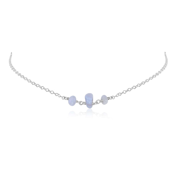 Blue Lace Agate Beaded Chain Choker Necklace - Blue Lace Agate Beaded Chain Choker Necklace - Sterling Silver - Luna Tide Handmade Crystal Jewellery