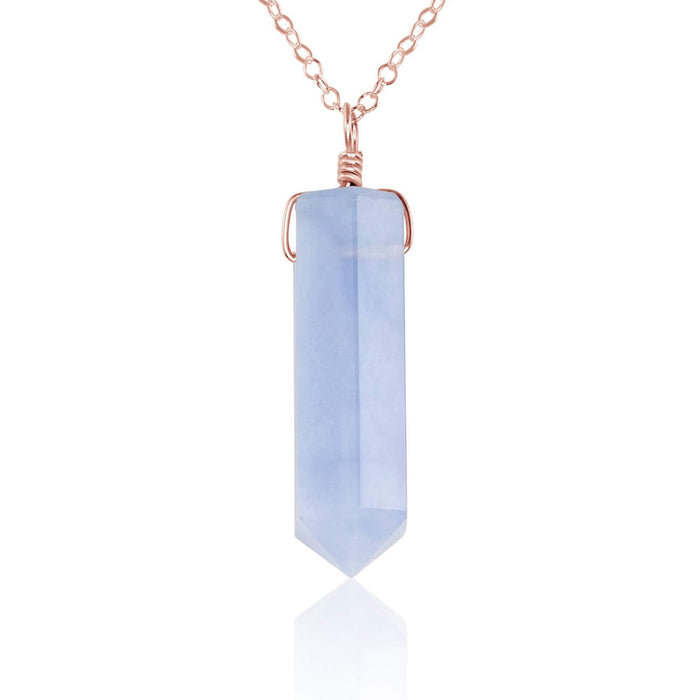 Blue Lace Agate Gemstone Generator Tower Point Pendant Necklace - Blue Lace Agate Gemstone Generator Tower Point Pendant Necklace - 14k Rose Gold Fill / Cable - Luna Tide Handmade Crystal Jewellery