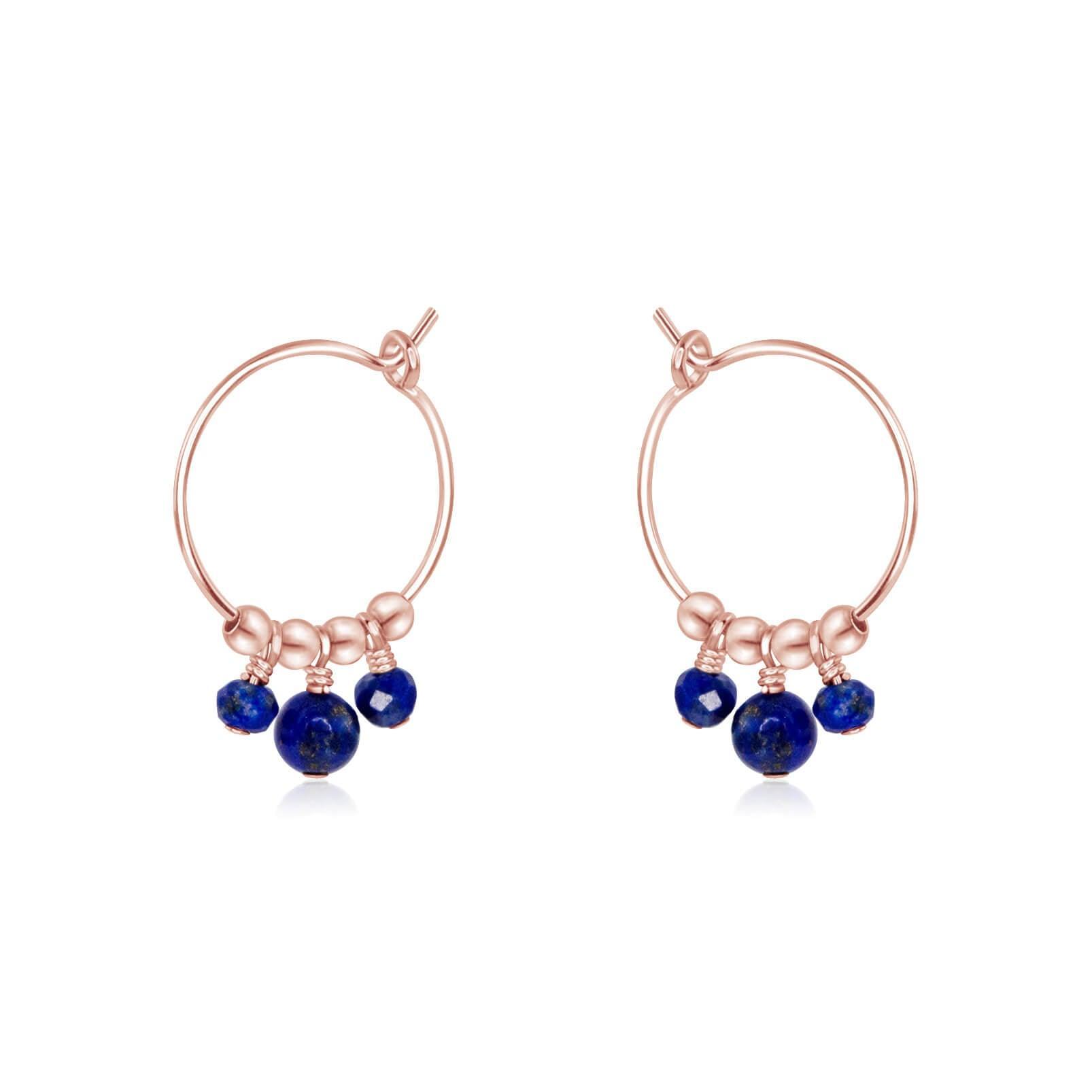 Blue Lapis Lazuli Gemstone Bead Drop Hoop Earrings - Blue Lapis Lazuli Gemstone Bead Drop Hoop Earrings - 14k Rose Gold Fill - Luna Tide Handmade Crystal Jewellery