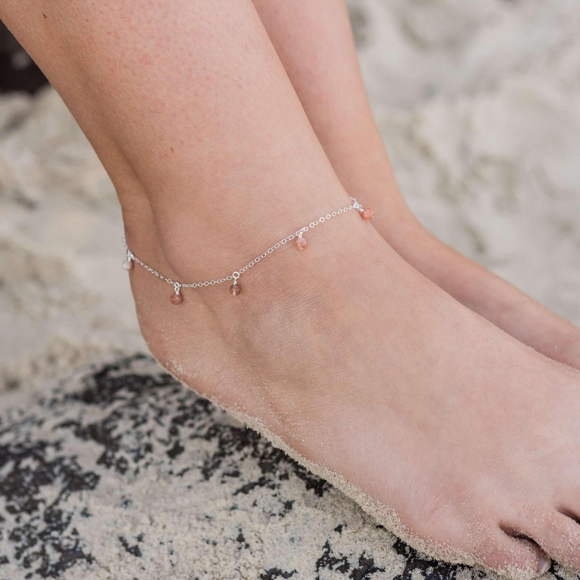 Boho Orange Sunstone Gemstone Bead Drop Anklet - Boho Orange Sunstone Gemstone Bead Drop Anklet - 14k Gold Fill - Luna Tide Handmade Crystal Jewellery