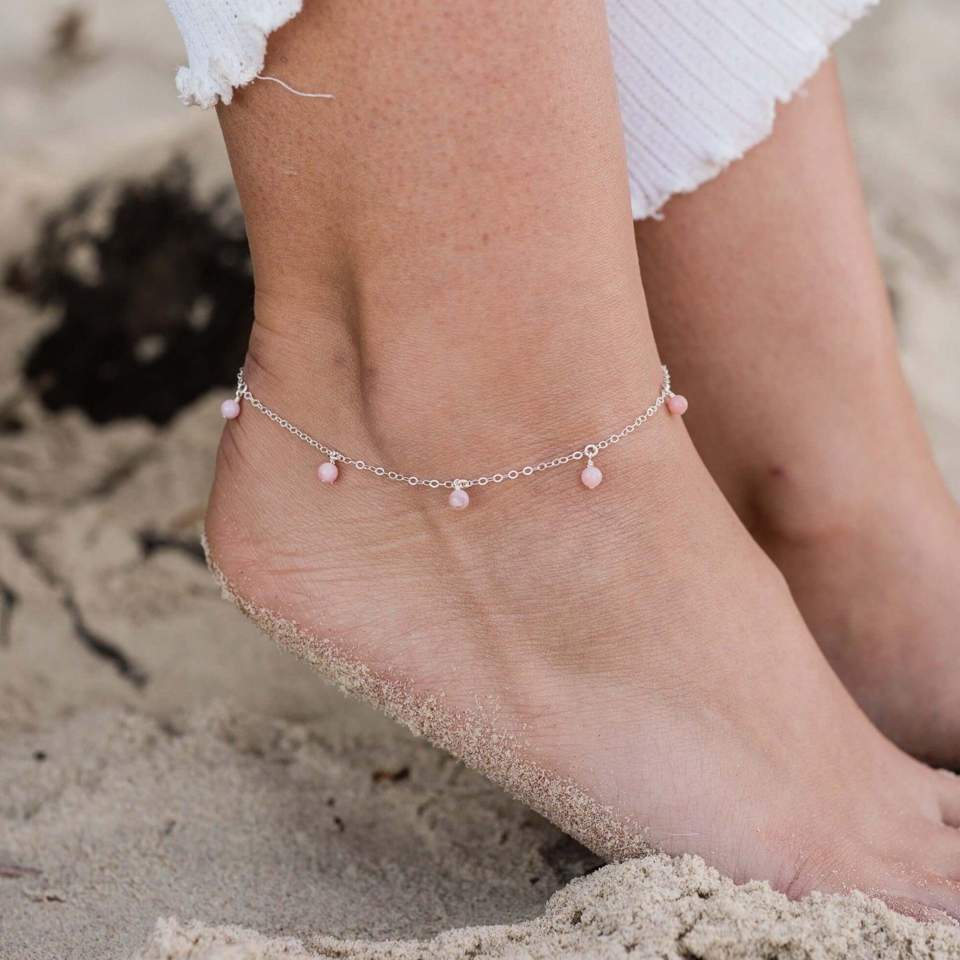 Boho Pink Peruvian Opal Gemstone Bead Drop Anklet - Boho Pink Peruvian Opal Gemstone Bead Drop Anklet - 14k Gold Fill - Luna Tide Handmade Crystal Jewellery