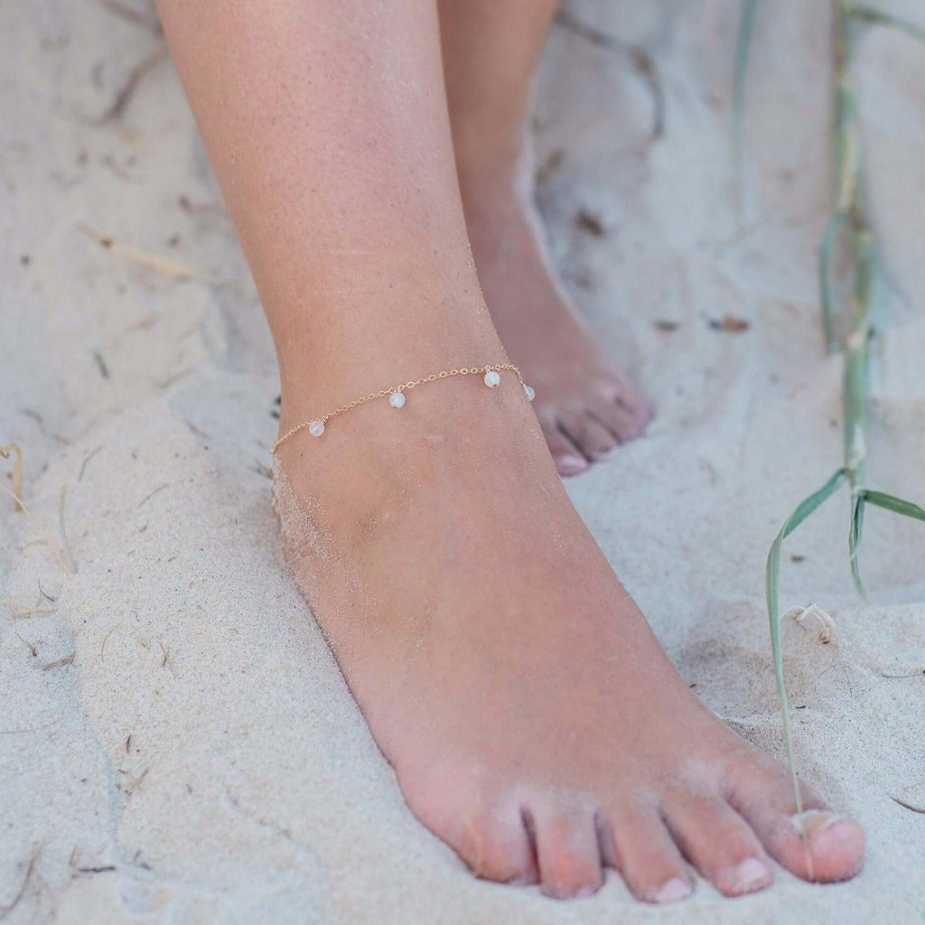 Boho Rainbow Moonstone Bead Drop Anklet - Boho Rainbow Moonstone Bead Drop Anklet - Sterling Silver - Luna Tide Handmade Crystal Jewellery