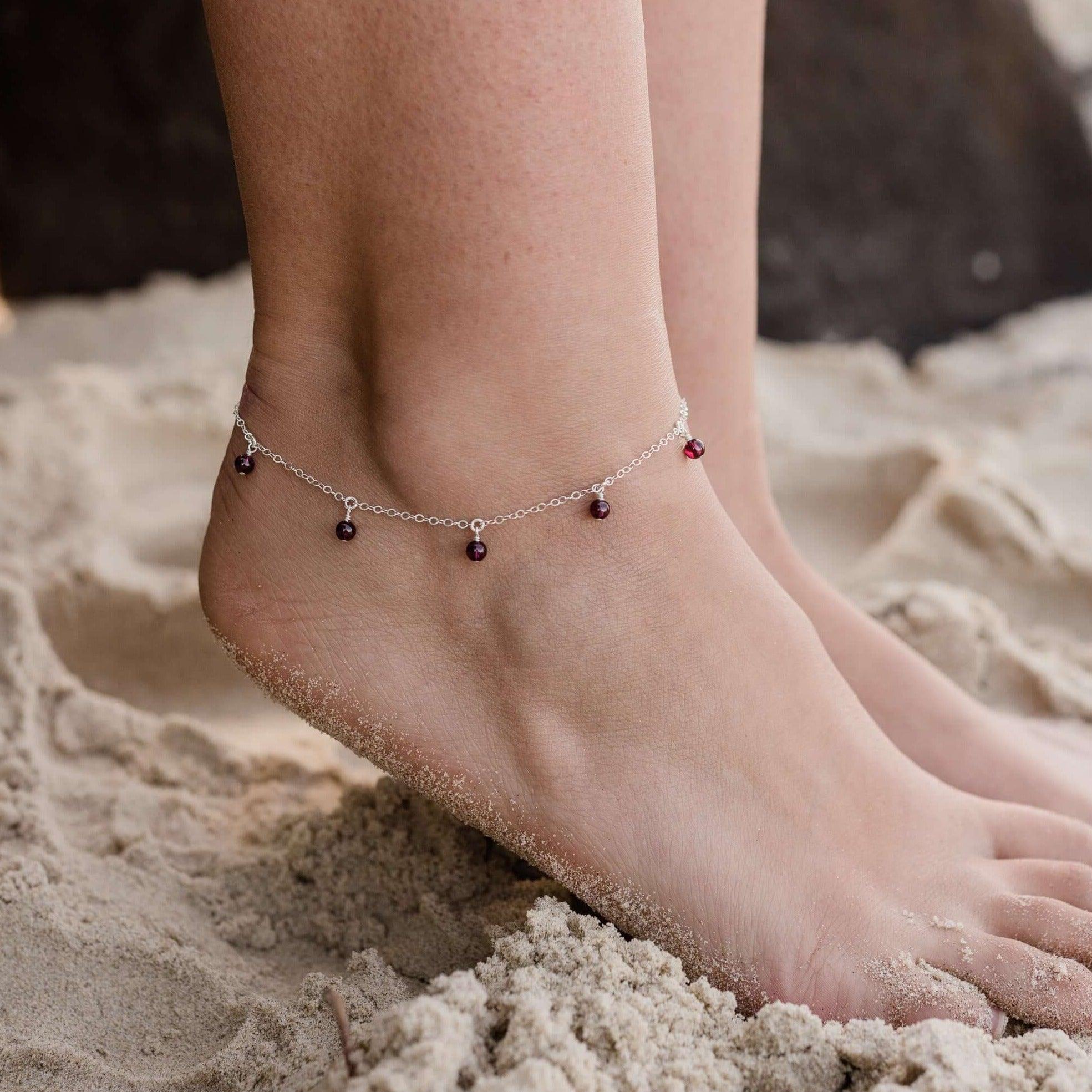 Boho Red Garnet Gemstone Bead Drop Anklet - Boho Red Garnet Gemstone Bead Drop Anklet - Sterling Silver - Luna Tide Handmade Crystal Jewellery