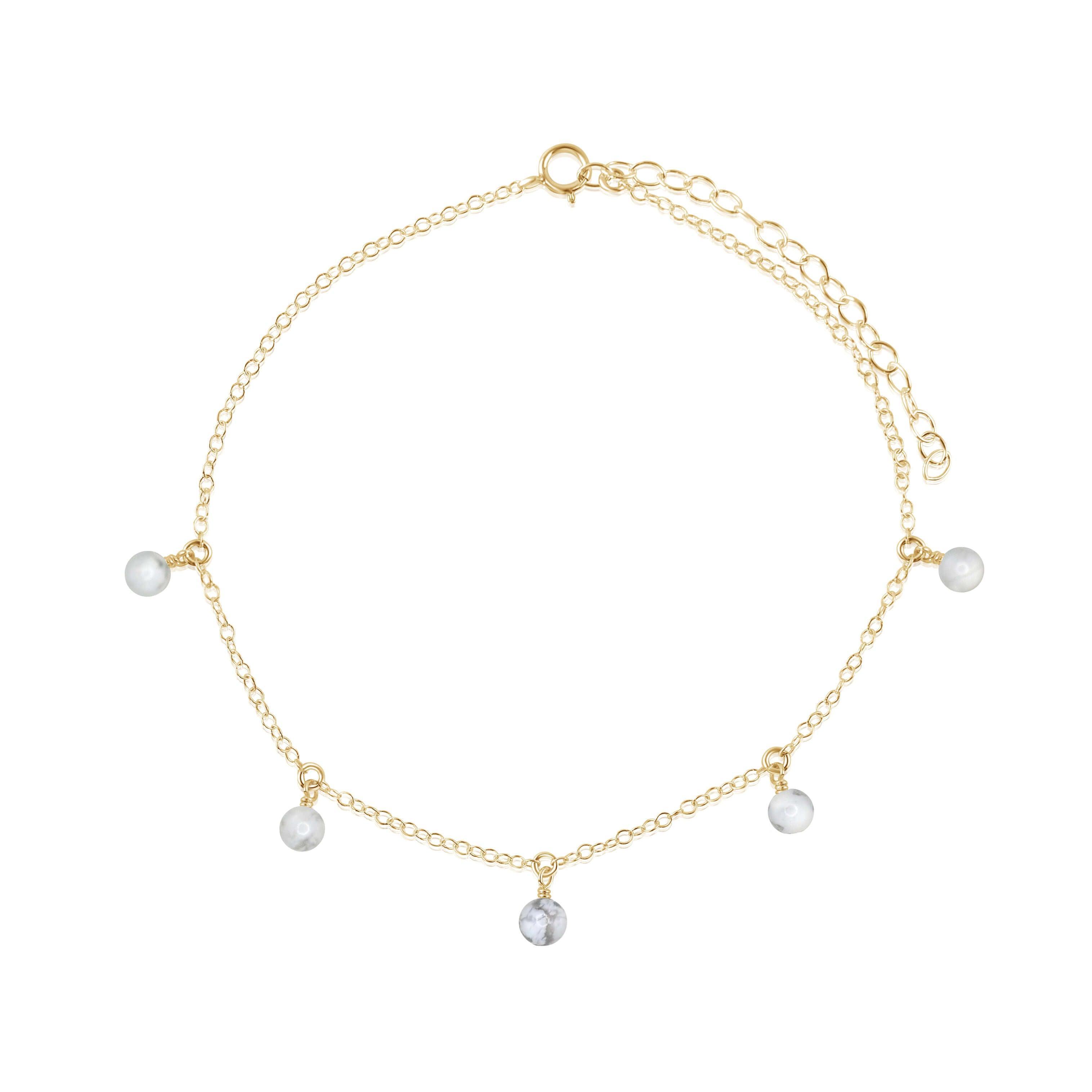 Boho White Howlite Gemstone Bead Drop Anklet - Boho White Howlite Gemstone Bead Drop Anklet - 14k Gold Fill - Luna Tide Handmade Crystal Jewellery