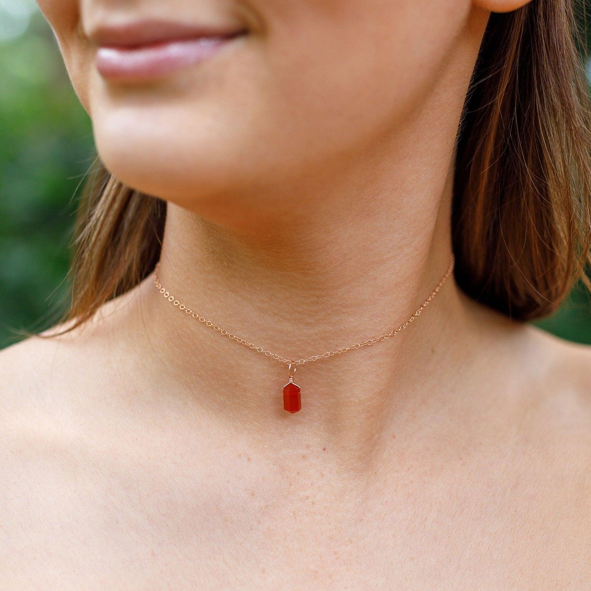 Carnelian Mini Double Terminated Crystal Point Pendant Choker Necklace - Carnelian Mini Double Terminated Crystal Point Pendant Choker Necklace - Sterling Silver / Cable - Luna Tide Handmade Crystal Jewellery