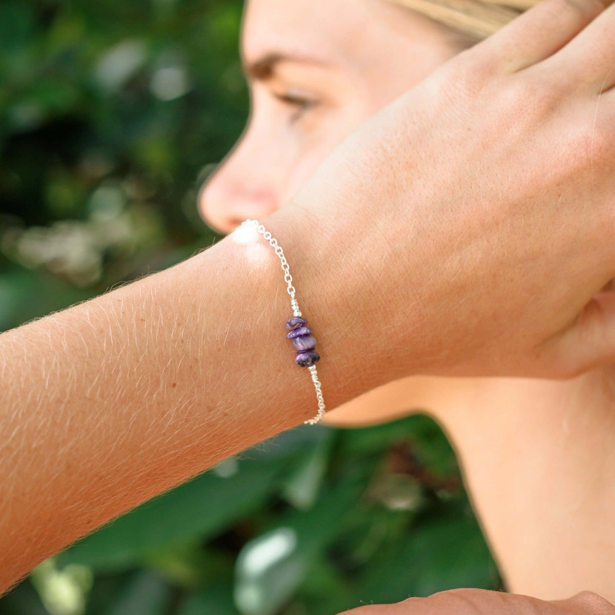 Charoite Chip Bead Bar Bracelet - Charoite Chip Bead Bar Bracelet - Sterling Silver - Luna Tide Handmade Crystal Jewellery