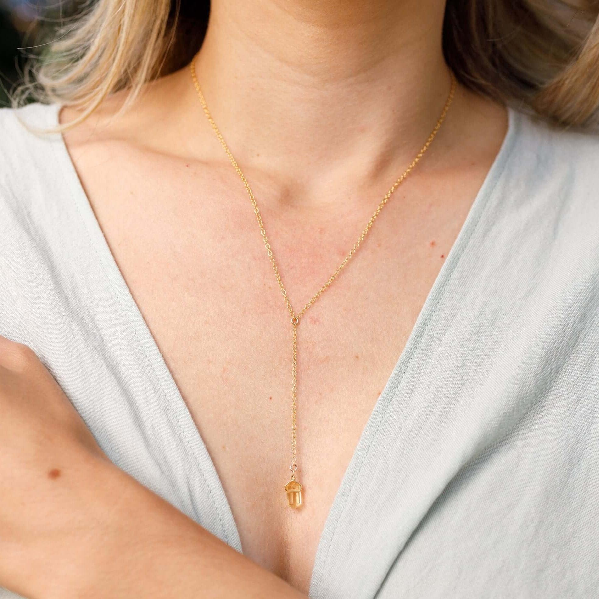 Citrine Double Terminated Mini Crystal Point Lariat Necklace - Citrine Double Terminated Mini Crystal Point Lariat Necklace - 14k Gold Fill - Luna Tide Handmade Crystal Jewellery