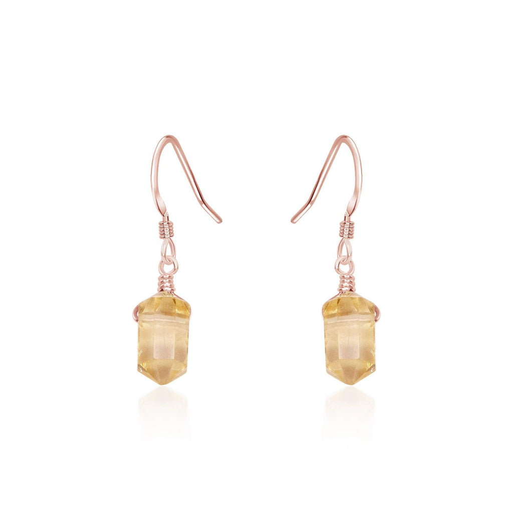 Citrine Mini Double Terminated Crystal Point Dangle Drop Earrings - Citrine Mini Double Terminated Crystal Point Dangle Drop Earrings - 14k Rose Gold Fill - Luna Tide Handmade Crystal Jewellery