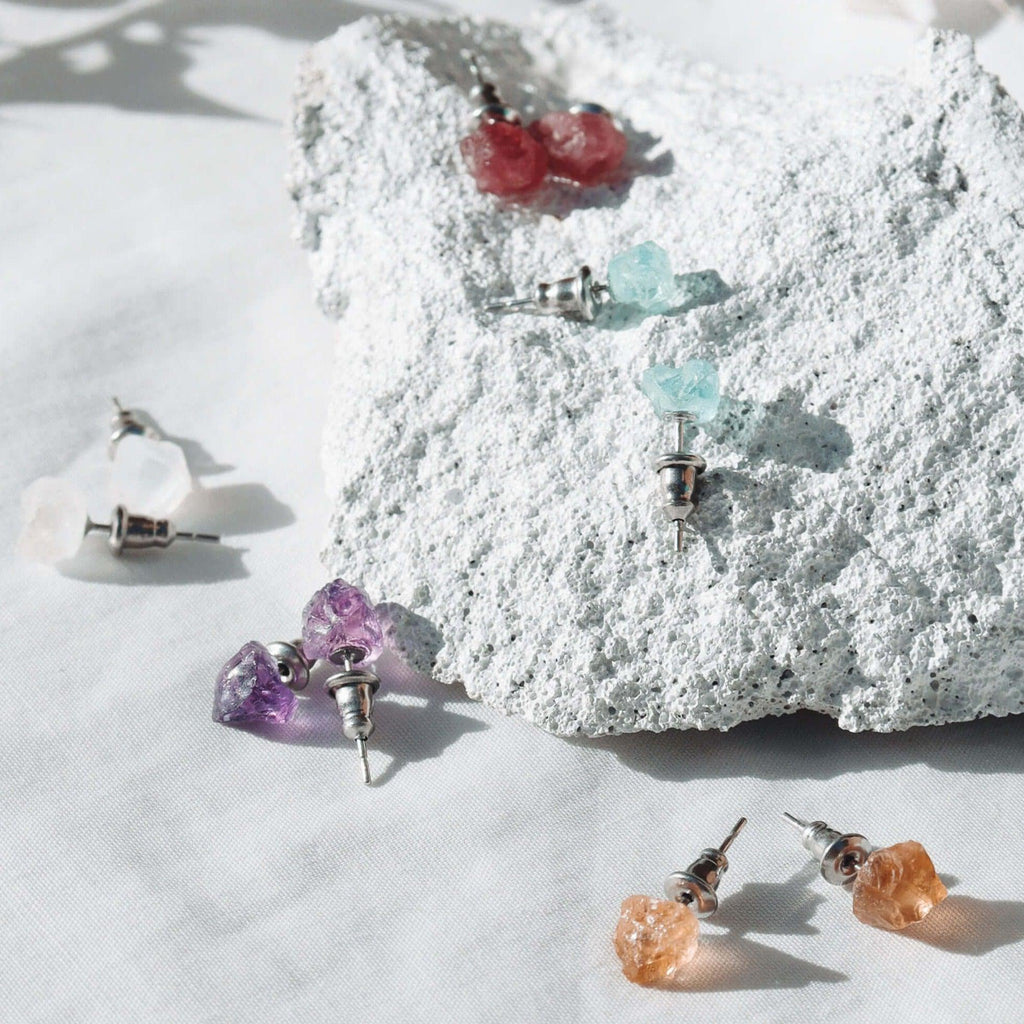 Custom Raw Crystal Gemstone Stud Earrings - Custom Raw Crystal Gemstone Stud Earrings - Sterling Silver / Amethyst for February - Luna Tide Handmade Crystal Jewellery
