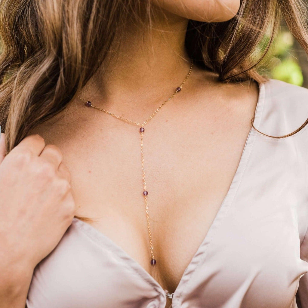 Dainty Amethyst Lariat Necklace - Dainty Amethyst Lariat Necklace - 14k Gold Fill - Luna Tide Handmade Crystal Jewellery