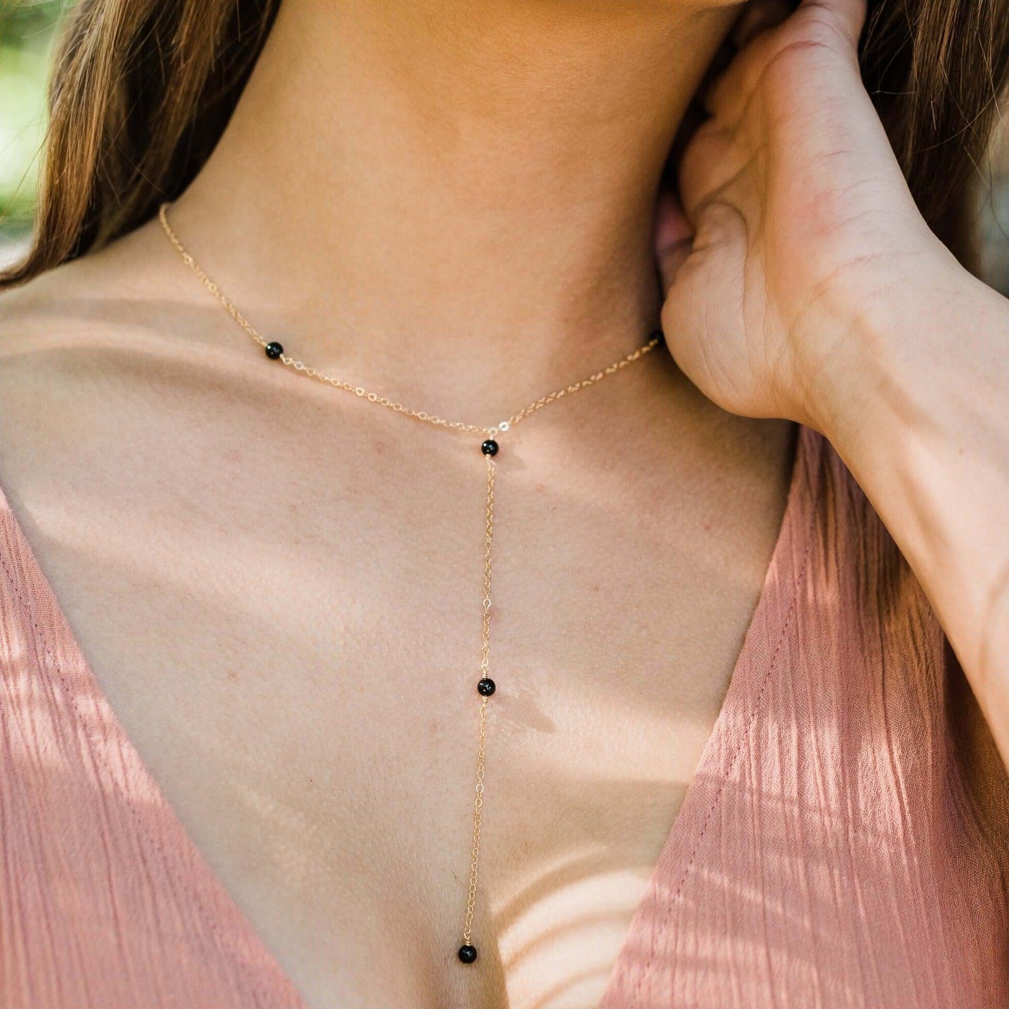Dainty Black Tourmaline Lariat Necklace - Dainty Black Tourmaline Lariat Necklace - 14k Gold Fill - Luna Tide Handmade Crystal Jewellery
